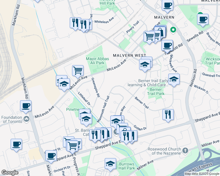 map of restaurants, bars, coffee shops, grocery stores, and more near 174 Mammoth Hall Trail in Toronto