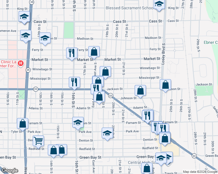 map of restaurants, bars, coffee shops, grocery stores, and more near 832 20th Street South in La Crosse