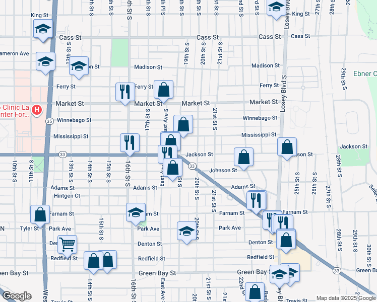 map of restaurants, bars, coffee shops, grocery stores, and more near 832 20th Street South in La Crosse