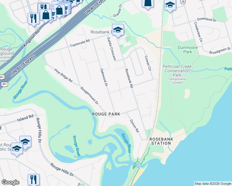 map of restaurants, bars, coffee shops, grocery stores, and more near 429 Staghorn Road in Pickering