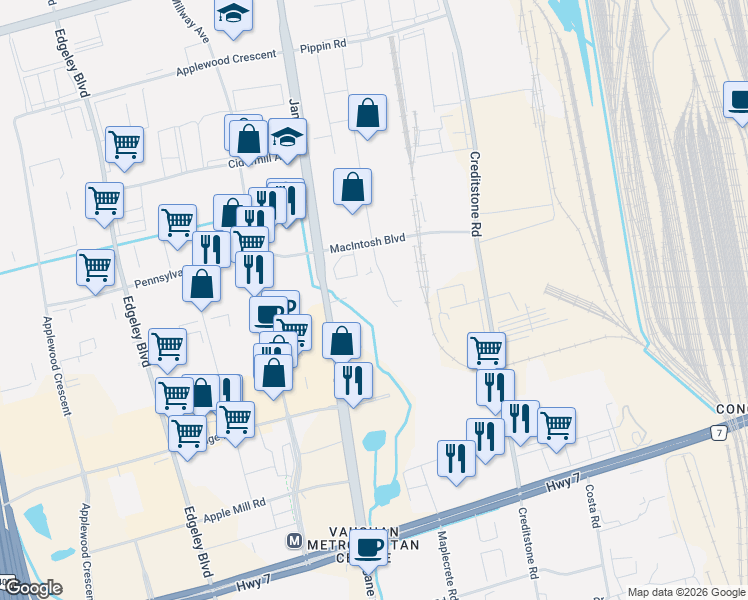 map of restaurants, bars, coffee shops, grocery stores, and more near 60 Talman Court in Vaughan