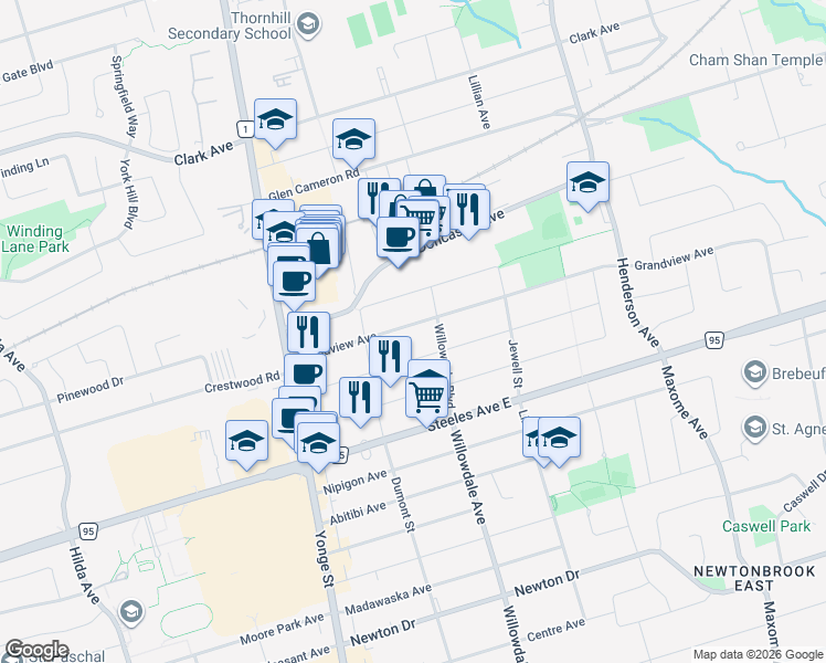 map of restaurants, bars, coffee shops, grocery stores, and more near 53 Grandview Avenue in Markham