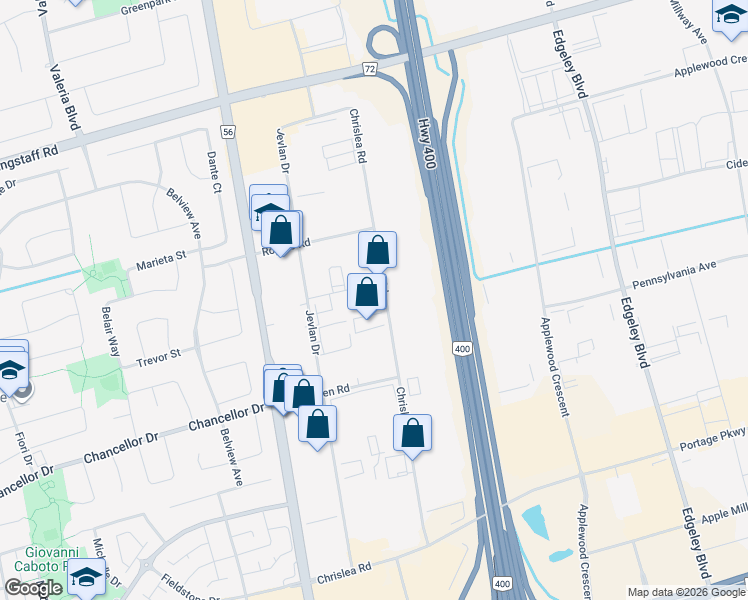 map of restaurants, bars, coffee shops, grocery stores, and more near 71 Silton Road in Vaughan