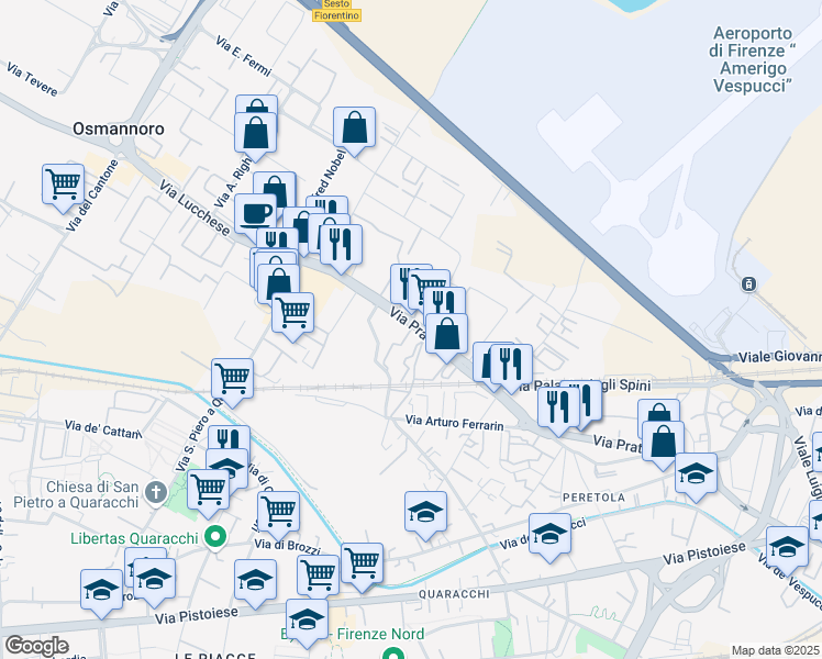 map of restaurants, bars, coffee shops, grocery stores, and more near 107 Via Pratese in Florence