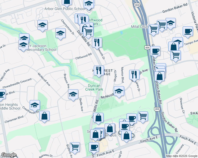 map of restaurants, bars, coffee shops, grocery stores, and more near 3740 Don Mills Road in Toronto