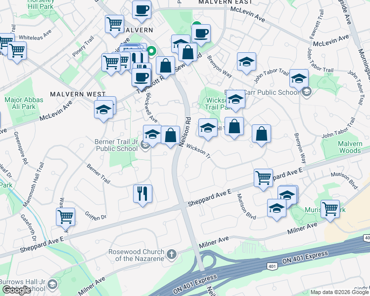 map of restaurants, bars, coffee shops, grocery stores, and more near 3 Wickson Trail in Toronto