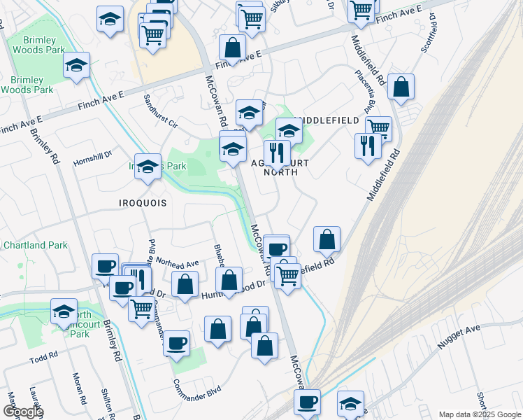 map of restaurants, bars, coffee shops, grocery stores, and more near 8 Kenhatch Boulevard in Toronto