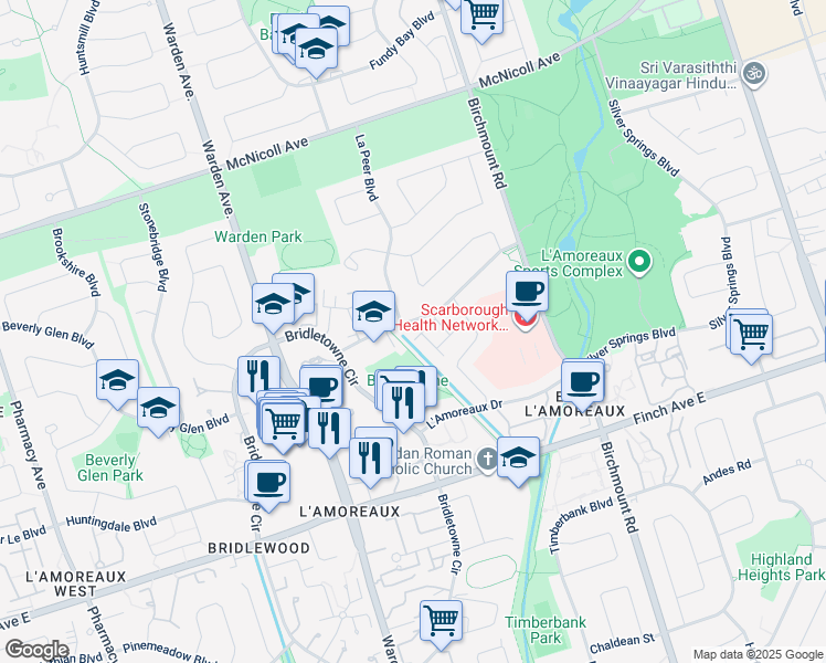 map of restaurants, bars, coffee shops, grocery stores, and more near in Toronto
