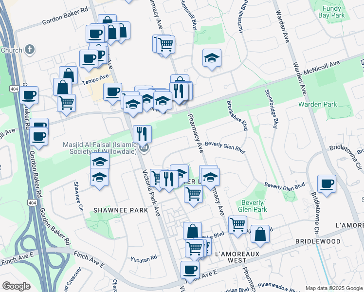 map of restaurants, bars, coffee shops, grocery stores, and more near in Toronto