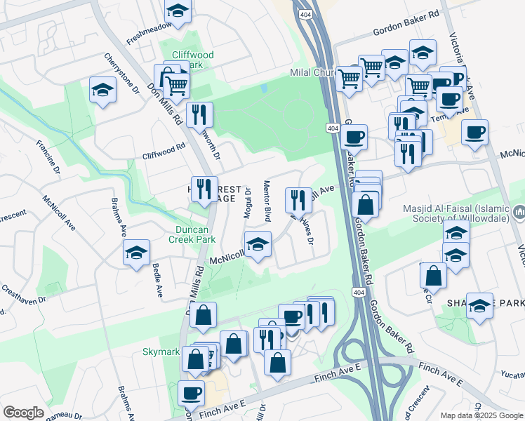 map of restaurants, bars, coffee shops, grocery stores, and more near 33 Mentor Boulevard in Toronto