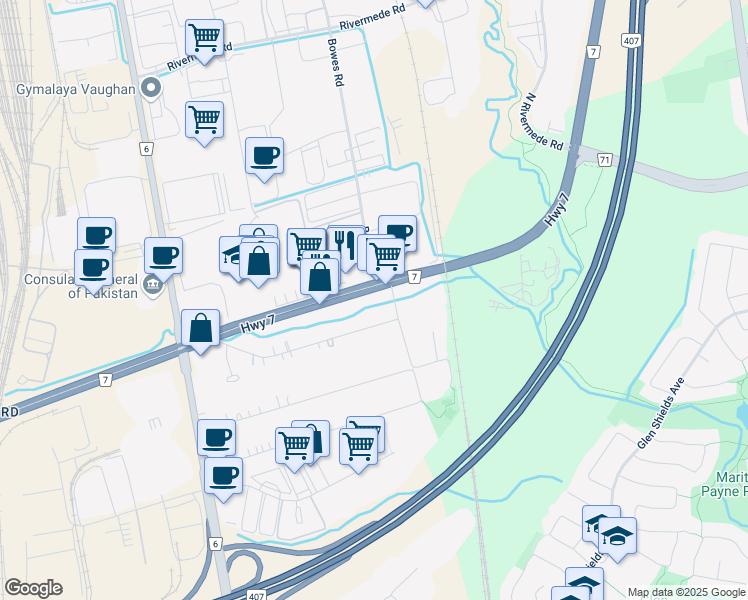 map of restaurants, bars, coffee shops, grocery stores, and more near 1997 7 in Vaughan