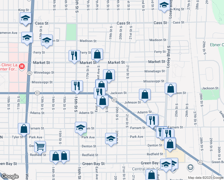 map of restaurants, bars, coffee shops, grocery stores, and more near 832 20th Street South in La Crosse