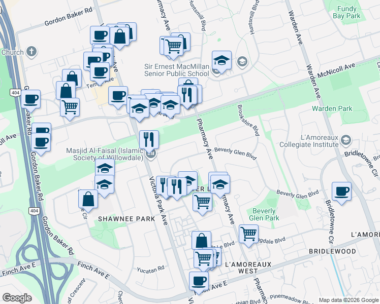 map of restaurants, bars, coffee shops, grocery stores, and more near 334 Chester Le Boulevard in Toronto