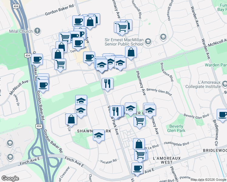 map of restaurants, bars, coffee shops, grocery stores, and more near 42 Iangrove Terrace in Toronto