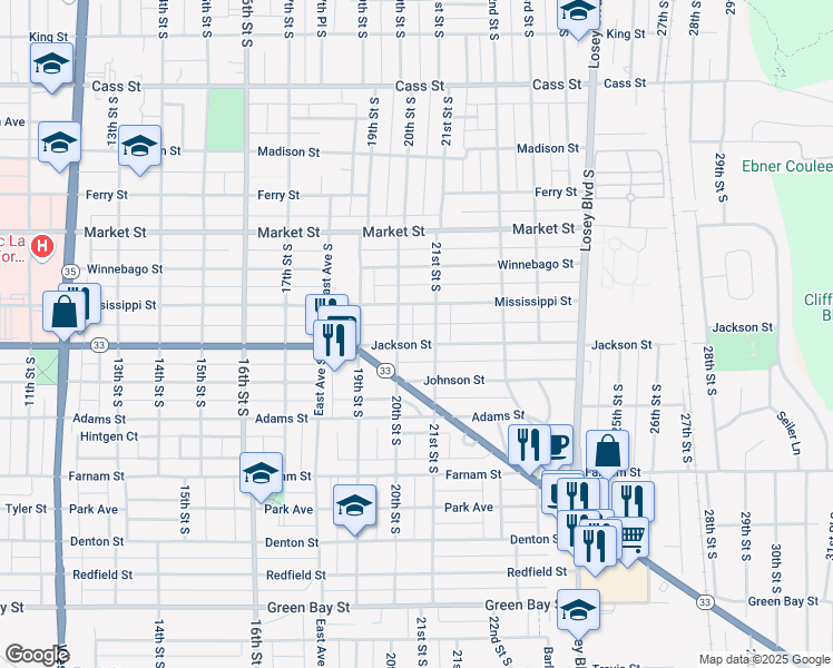 map of restaurants, bars, coffee shops, grocery stores, and more near 2029 Jackson Street in La Crosse