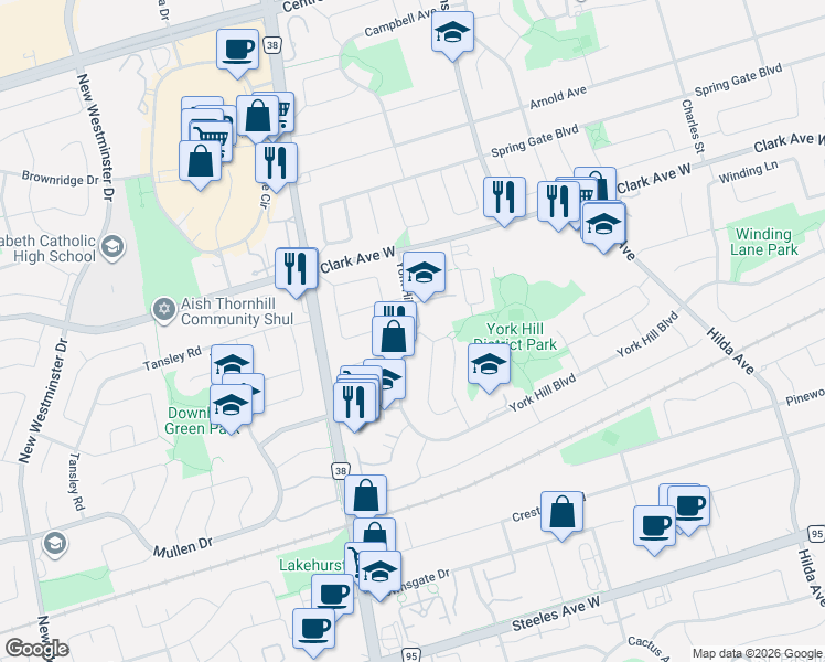 map of restaurants, bars, coffee shops, grocery stores, and more near 98 York Hill Boulevard in Vaughan