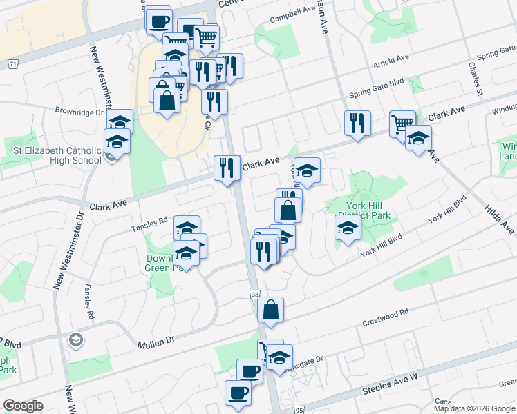 map of restaurants, bars, coffee shops, grocery stores, and more near 66 Gailcrest Circle in Vaughan