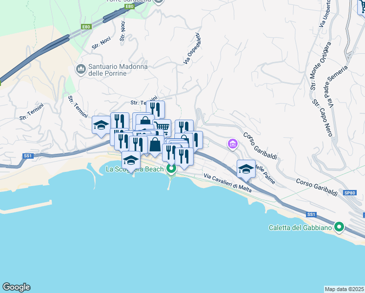map of restaurants, bars, coffee shops, grocery stores, and more near 4 Via della Noria in Ospedaletti