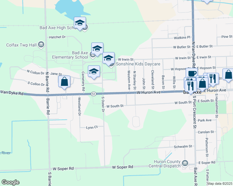 map of restaurants, bars, coffee shops, grocery stores, and more near 624 West Huron Avenue in Bad Axe