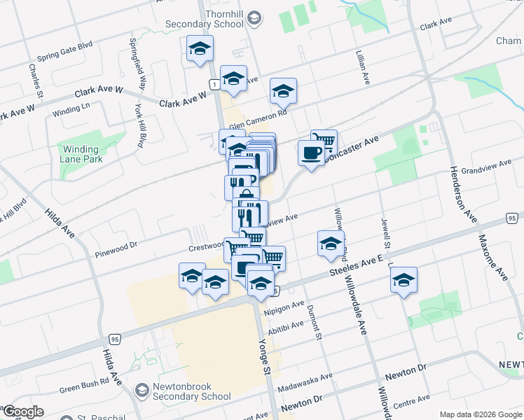 map of restaurants, bars, coffee shops, grocery stores, and more near 17 Meadowview Avenue in Markham