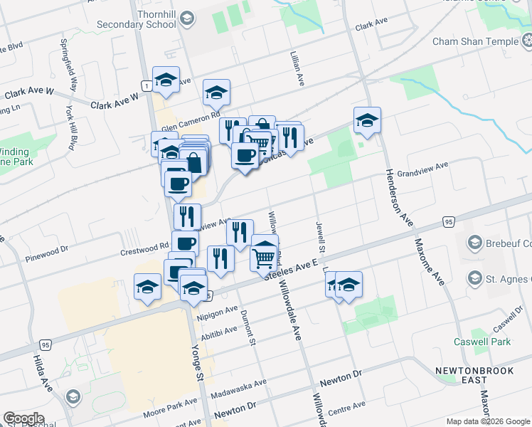 map of restaurants, bars, coffee shops, grocery stores, and more near 61 Grandview Avenue in Markham