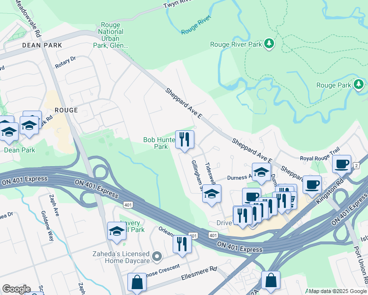 map of restaurants, bars, coffee shops, grocery stores, and more near 97 Bonnydon Crescent in Toronto