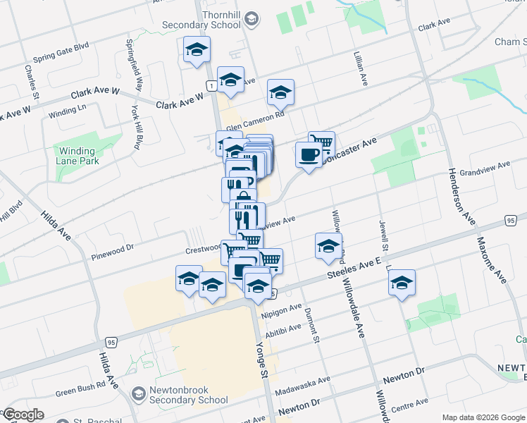 map of restaurants, bars, coffee shops, grocery stores, and more near 19 Meadowview Avenue in Markham