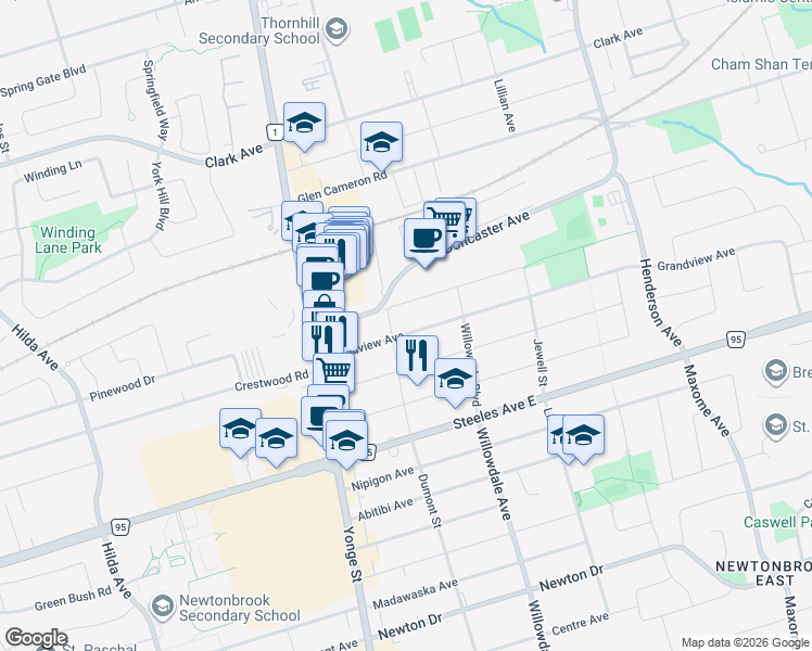 map of restaurants, bars, coffee shops, grocery stores, and more near 40 Grandview Avenue in Markham