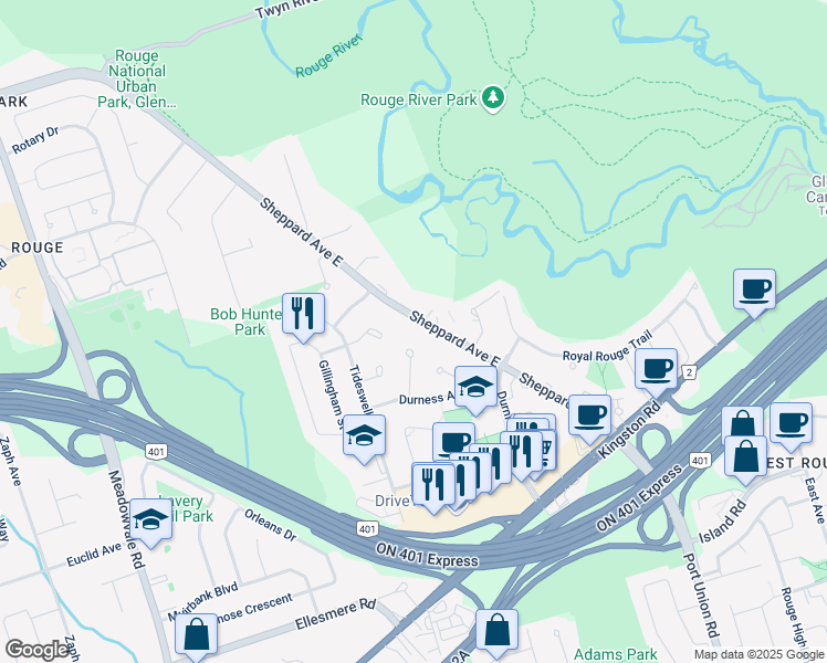 map of restaurants, bars, coffee shops, grocery stores, and more near in Toronto