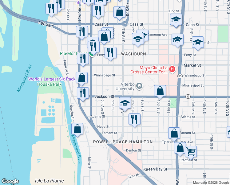 map of restaurants, bars, coffee shops, grocery stores, and more near 618 Jackson Street in La Crosse