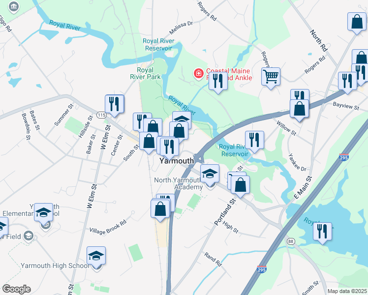 map of restaurants, bars, coffee shops, grocery stores, and more near 52 School Street in Yarmouth