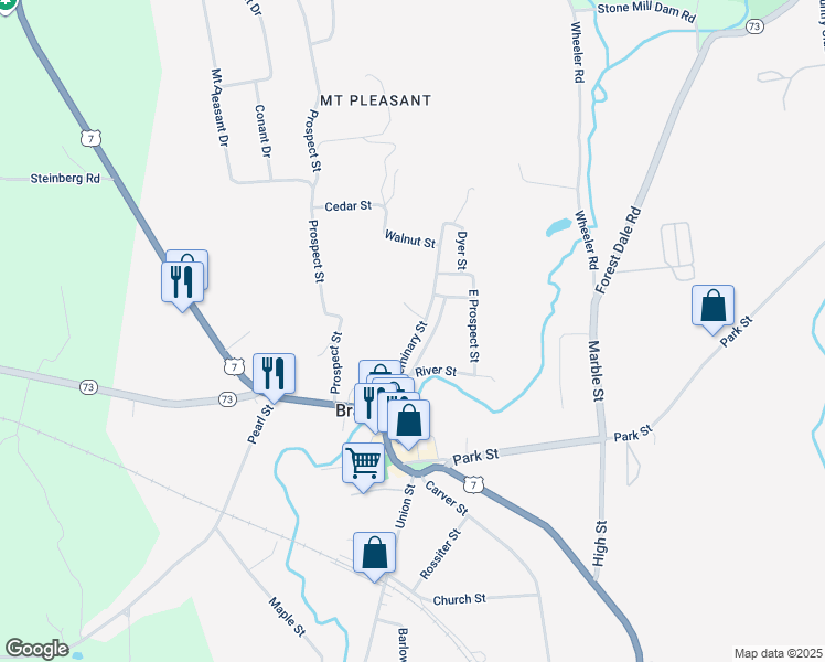 map of restaurants, bars, coffee shops, grocery stores, and more near 28 West Seminary Street in Brandon