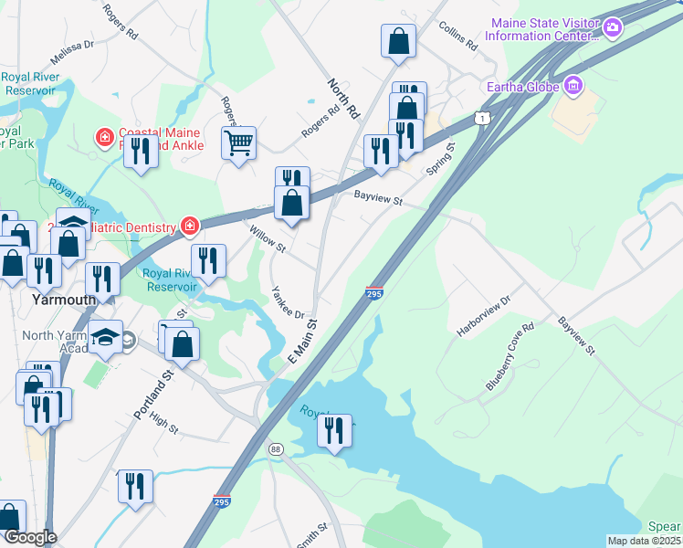 map of restaurants, bars, coffee shops, grocery stores, and more near 37 Spring Street in Yarmouth