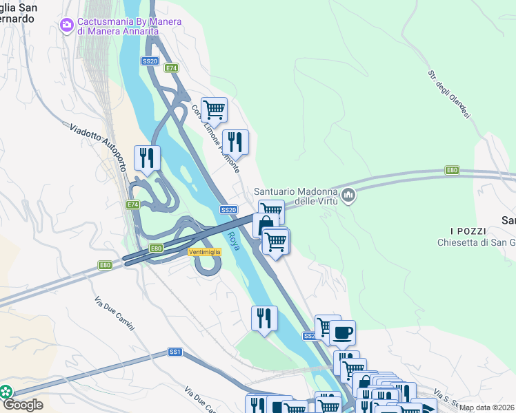 map of restaurants, bars, coffee shops, grocery stores, and more near Via Tenda in Ventimiglia