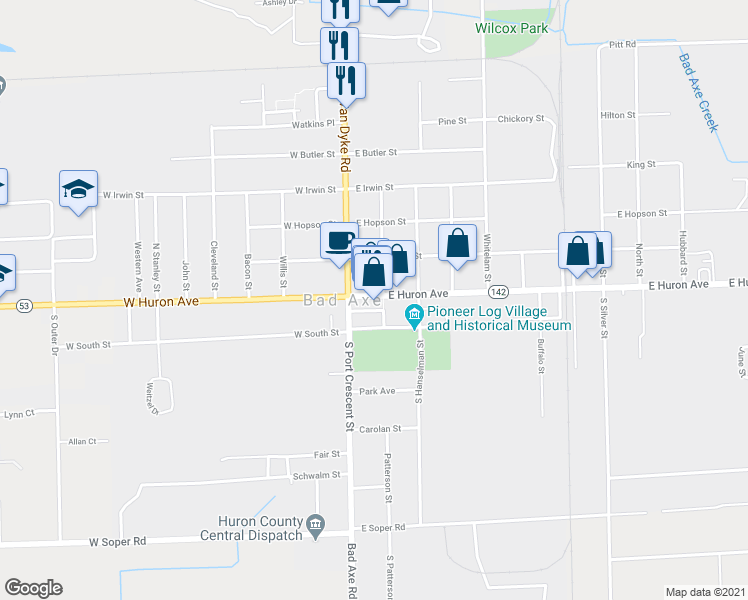 map of restaurants, bars, coffee shops, grocery stores, and more near 162 East Huron Avenue in Bad Axe