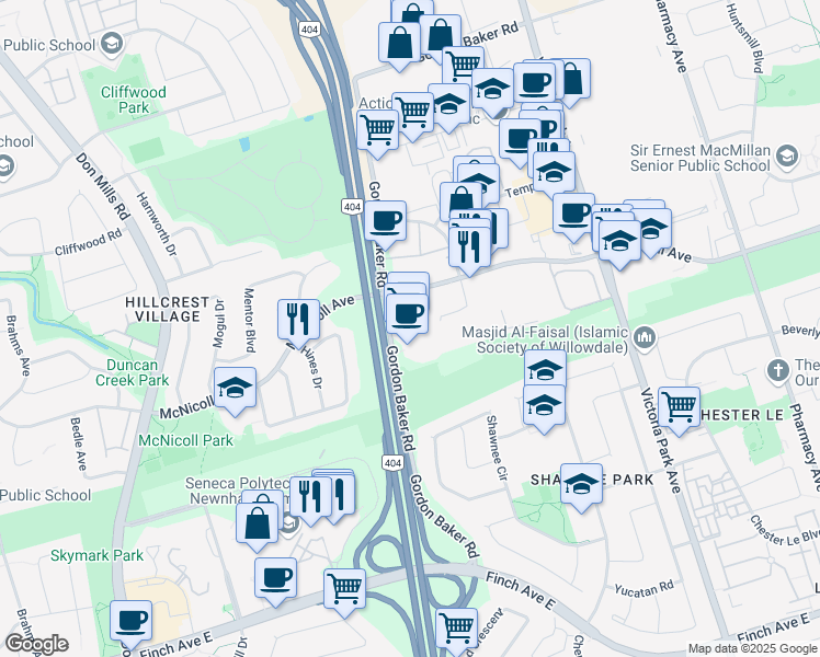 map of restaurants, bars, coffee shops, grocery stores, and more near 111 Gordon Baker Road in Toronto