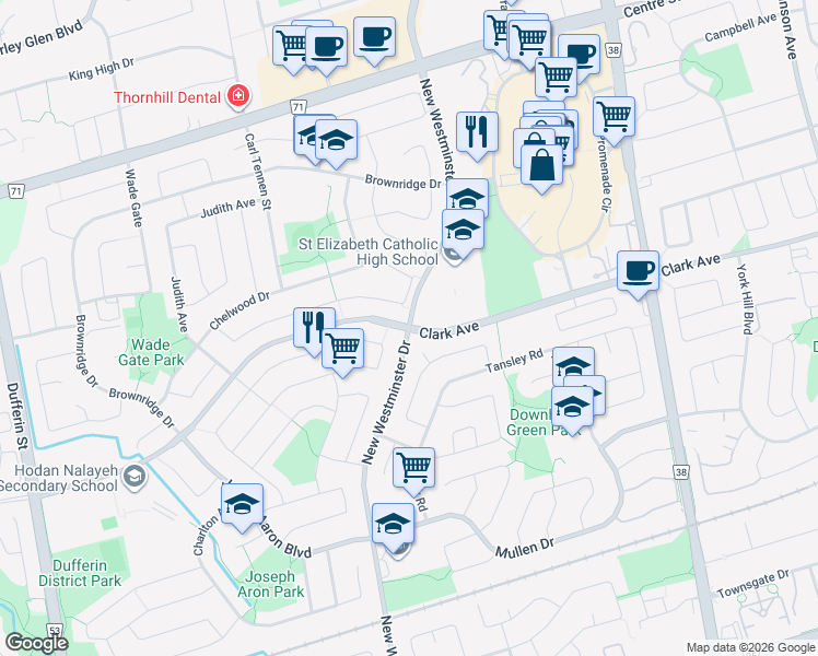 map of restaurants, bars, coffee shops, grocery stores, and more near Clark Ave W & New Westminster Dr in Vaughan