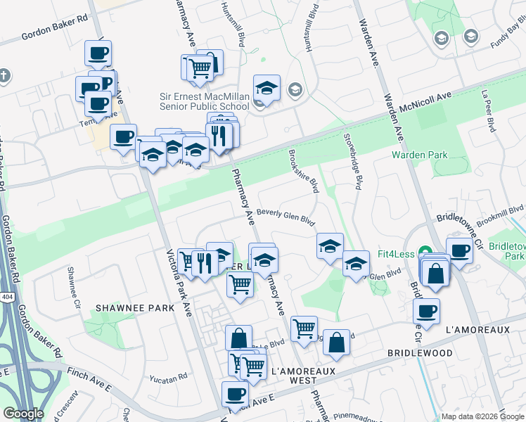 map of restaurants, bars, coffee shops, grocery stores, and more near 8 Beverly Glen Boulevard in Toronto