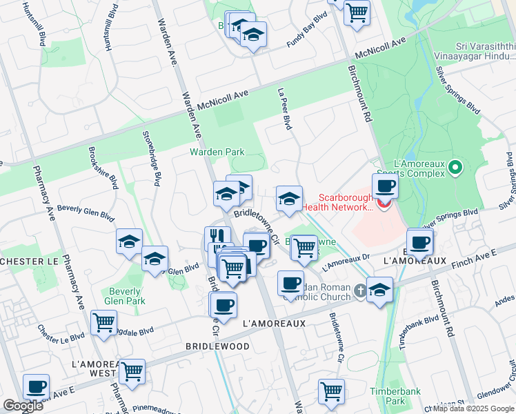 map of restaurants, bars, coffee shops, grocery stores, and more near 2451 Bridletowne Circle in Toronto