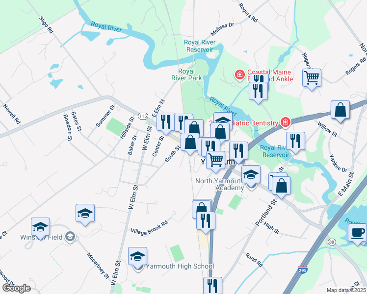 map of restaurants, bars, coffee shops, grocery stores, and more near 1 Railroad Square in Yarmouth