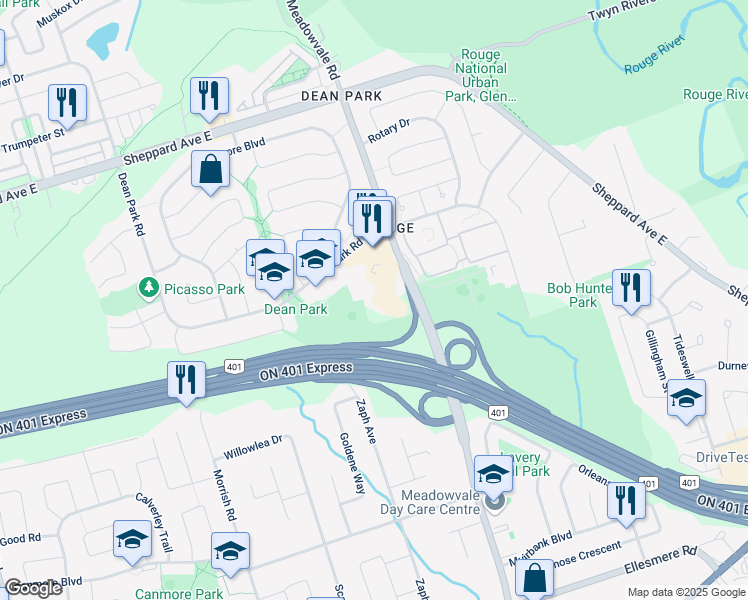 map of restaurants, bars, coffee shops, grocery stores, and more near 20 Dean Park Road in Toronto