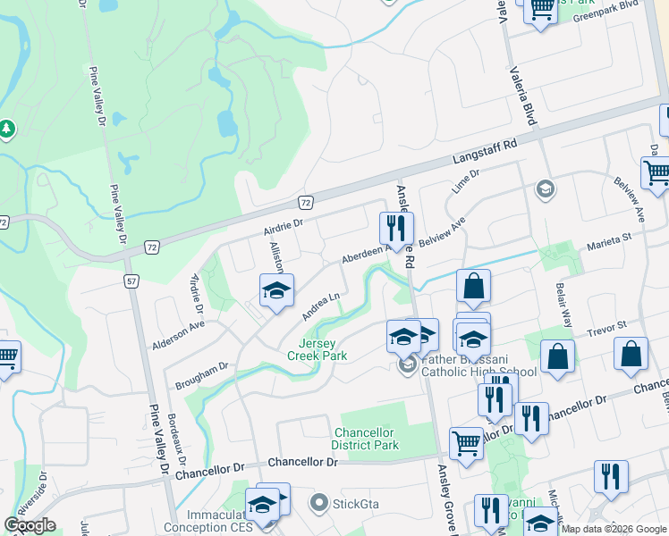 map of restaurants, bars, coffee shops, grocery stores, and more near 6 Andrea Lane in Vaughan