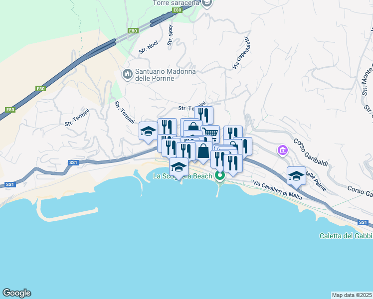 map of restaurants, bars, coffee shops, grocery stores, and more near 13 Via Angela Ascenzo in Ospedaletti