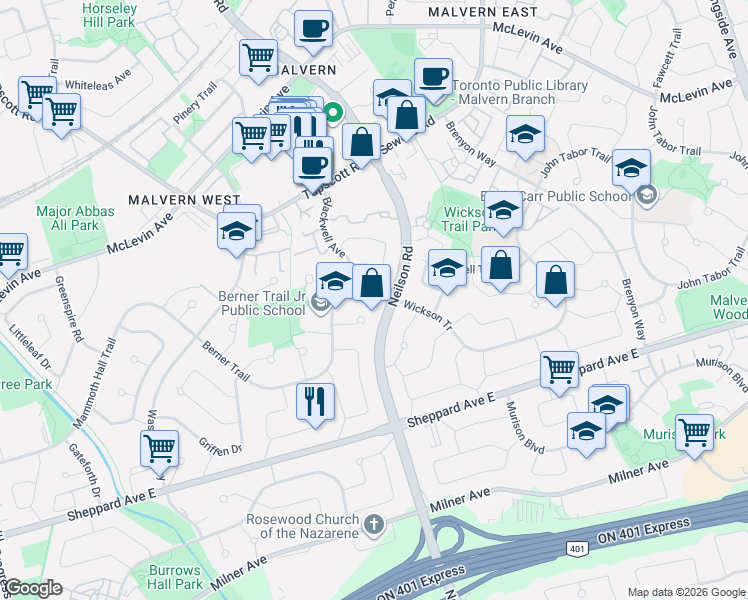 map of restaurants, bars, coffee shops, grocery stores, and more near 141 Berner Trail in Toronto