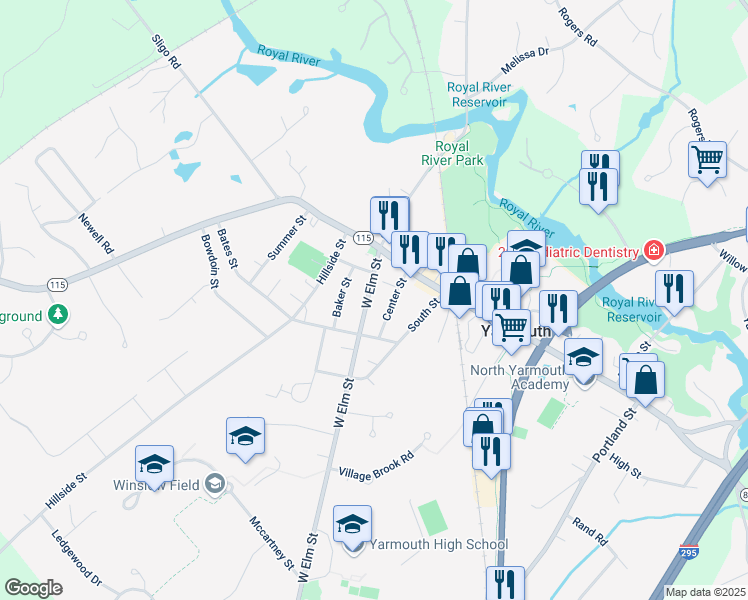 map of restaurants, bars, coffee shops, grocery stores, and more near 62 West Elm Street in Yarmouth