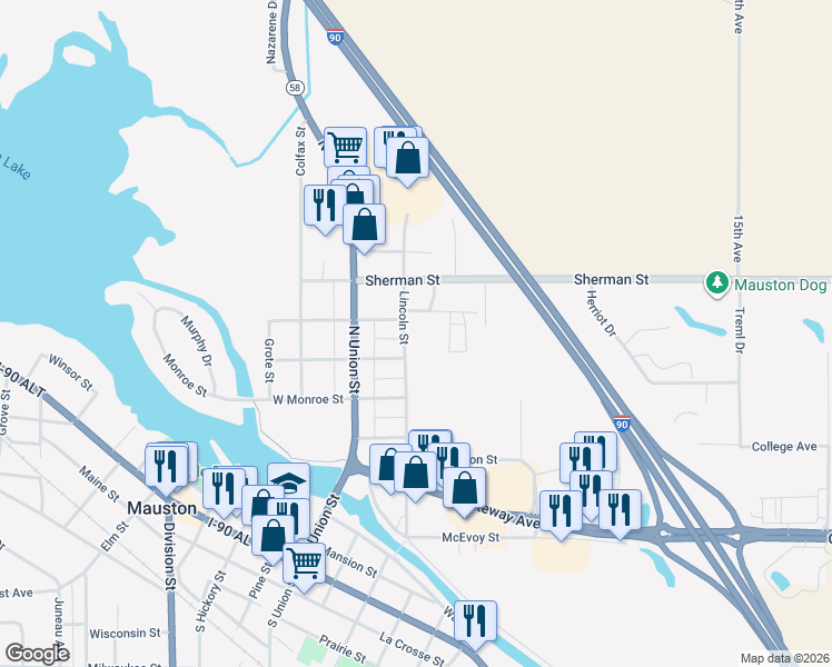 map of restaurants, bars, coffee shops, grocery stores, and more near 404 Lincoln Street in Mauston