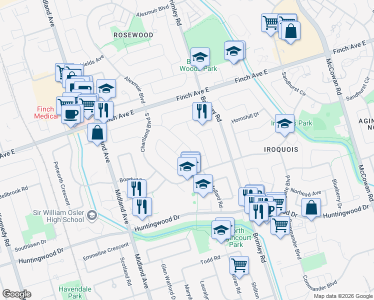 map of restaurants, bars, coffee shops, grocery stores, and more near in Toronto