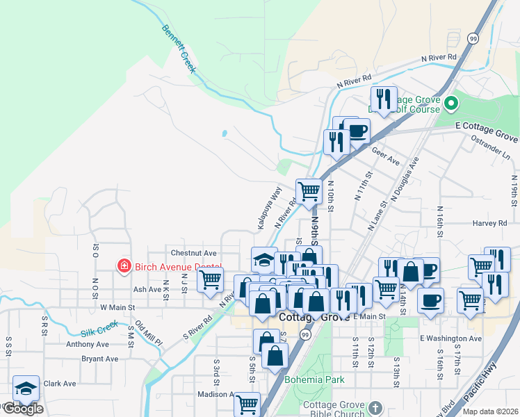 map of restaurants, bars, coffee shops, grocery stores, and more near Kalapuya Way in Cottage Grove