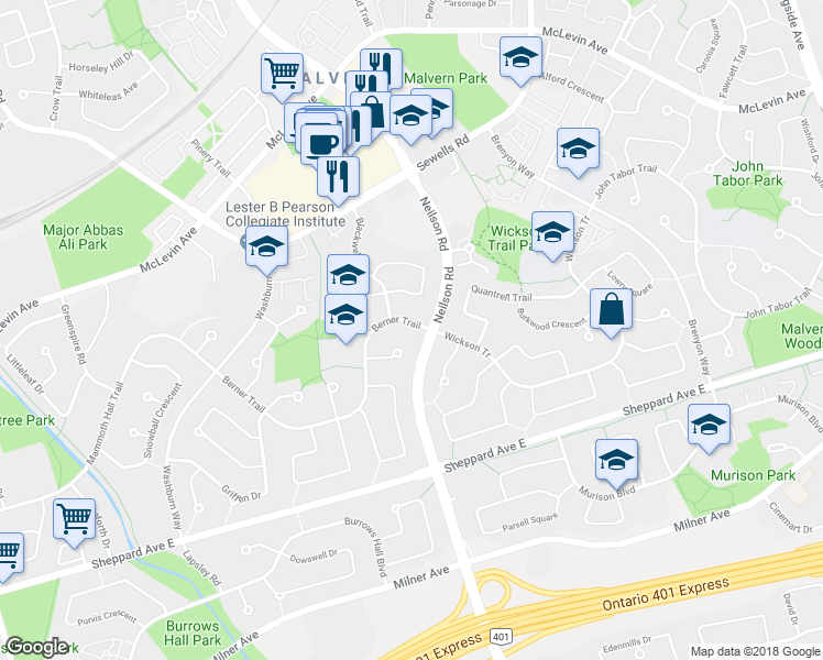 map of restaurants, bars, coffee shops, grocery stores, and more near 141 Berner Trail in Toronto