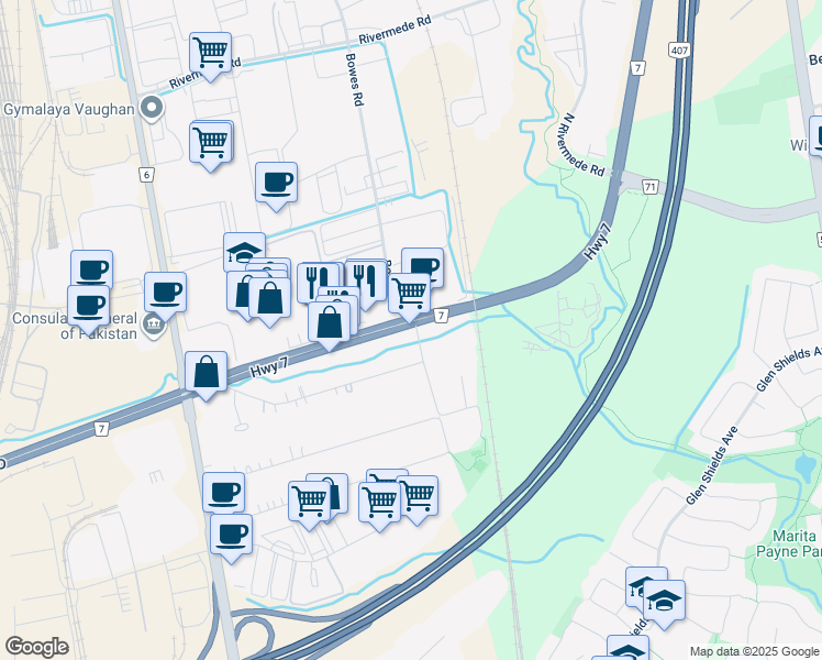 map of restaurants, bars, coffee shops, grocery stores, and more near 1997 York Regional Road 7 in Vaughan
